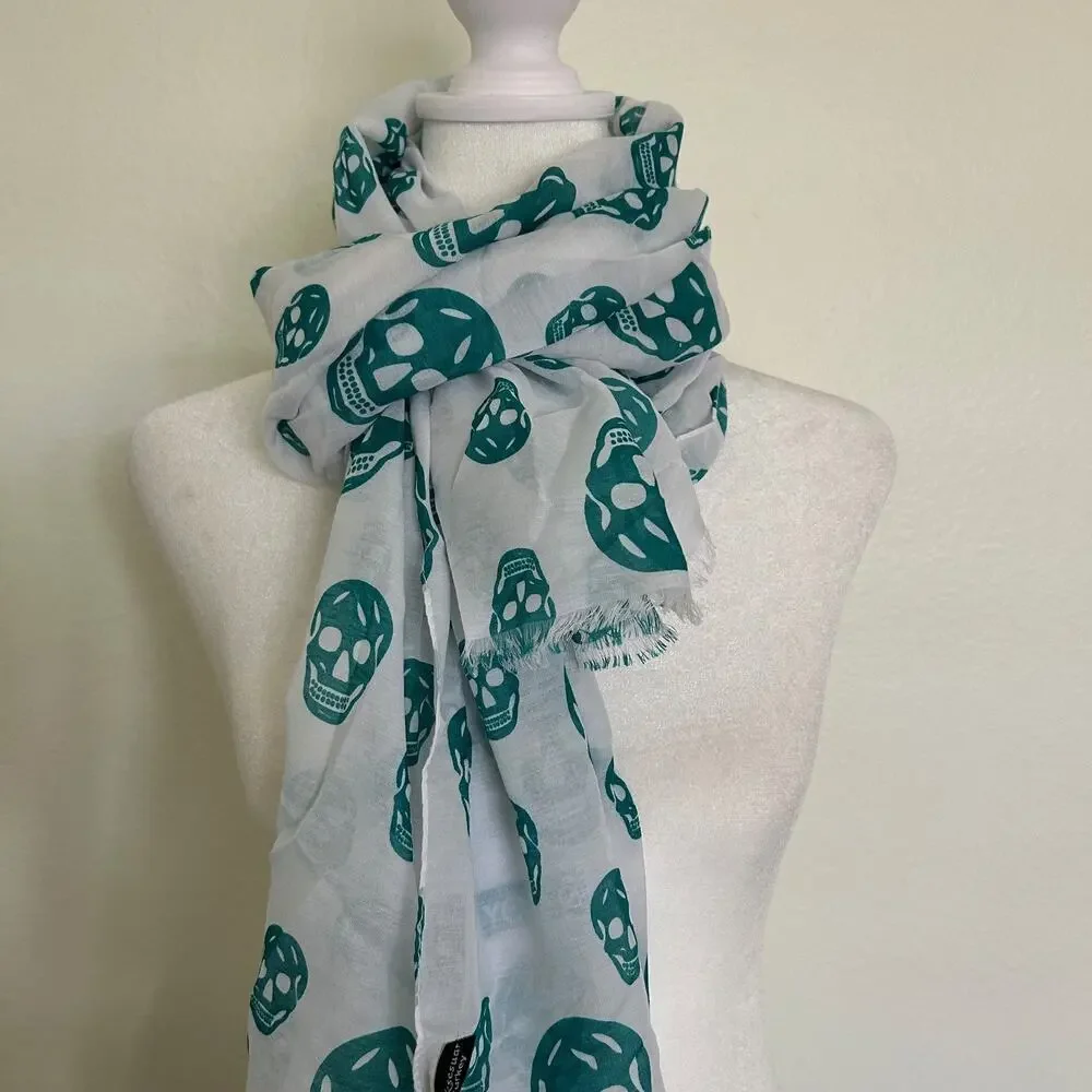 Ozsoy Aksesuar Skull Scarf Teal White Fringe Wrap Gothic Rocker Y2K Lightweight
